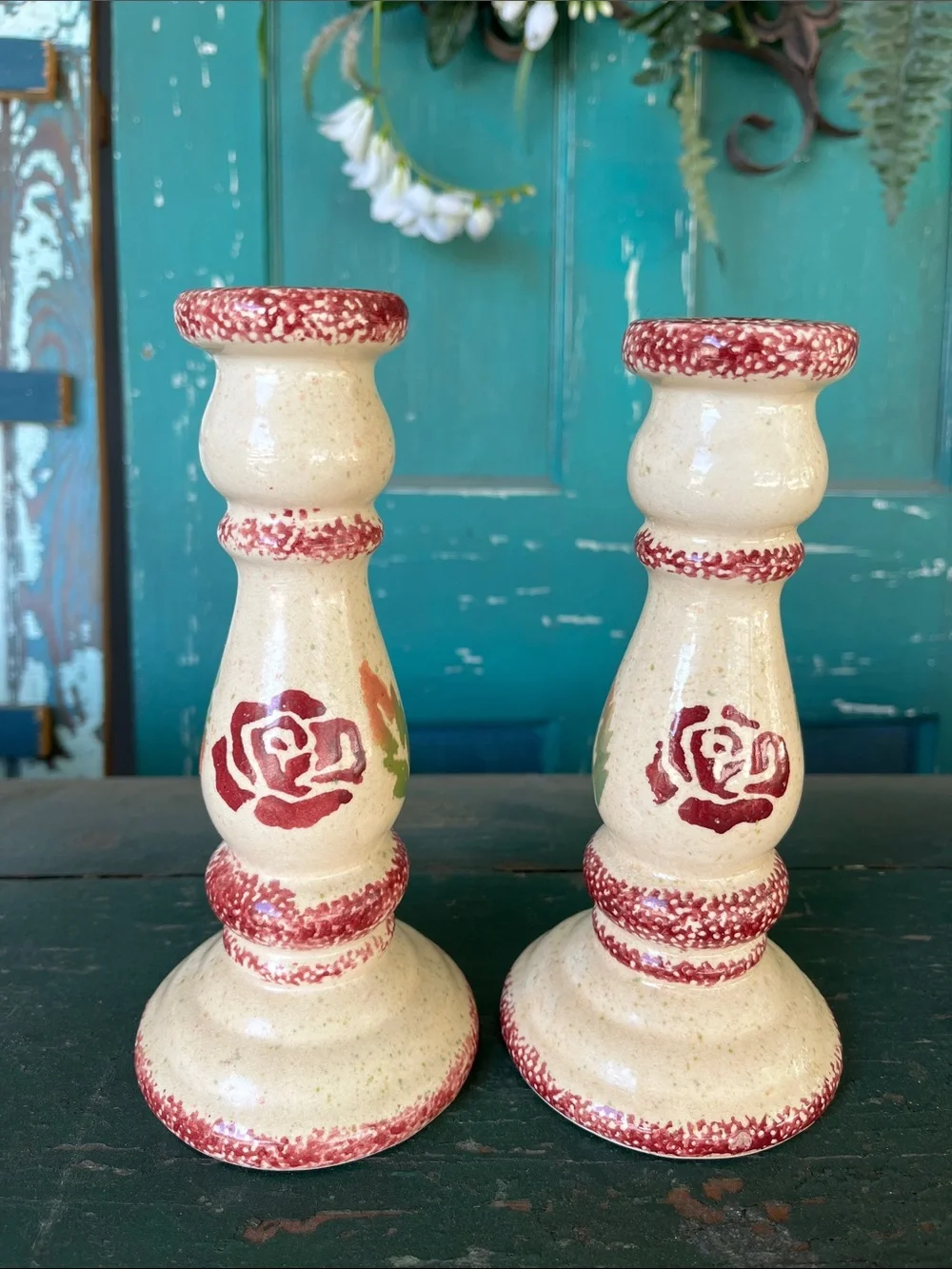 Vintage ceramic taper candle holders with a cream spongeware finish